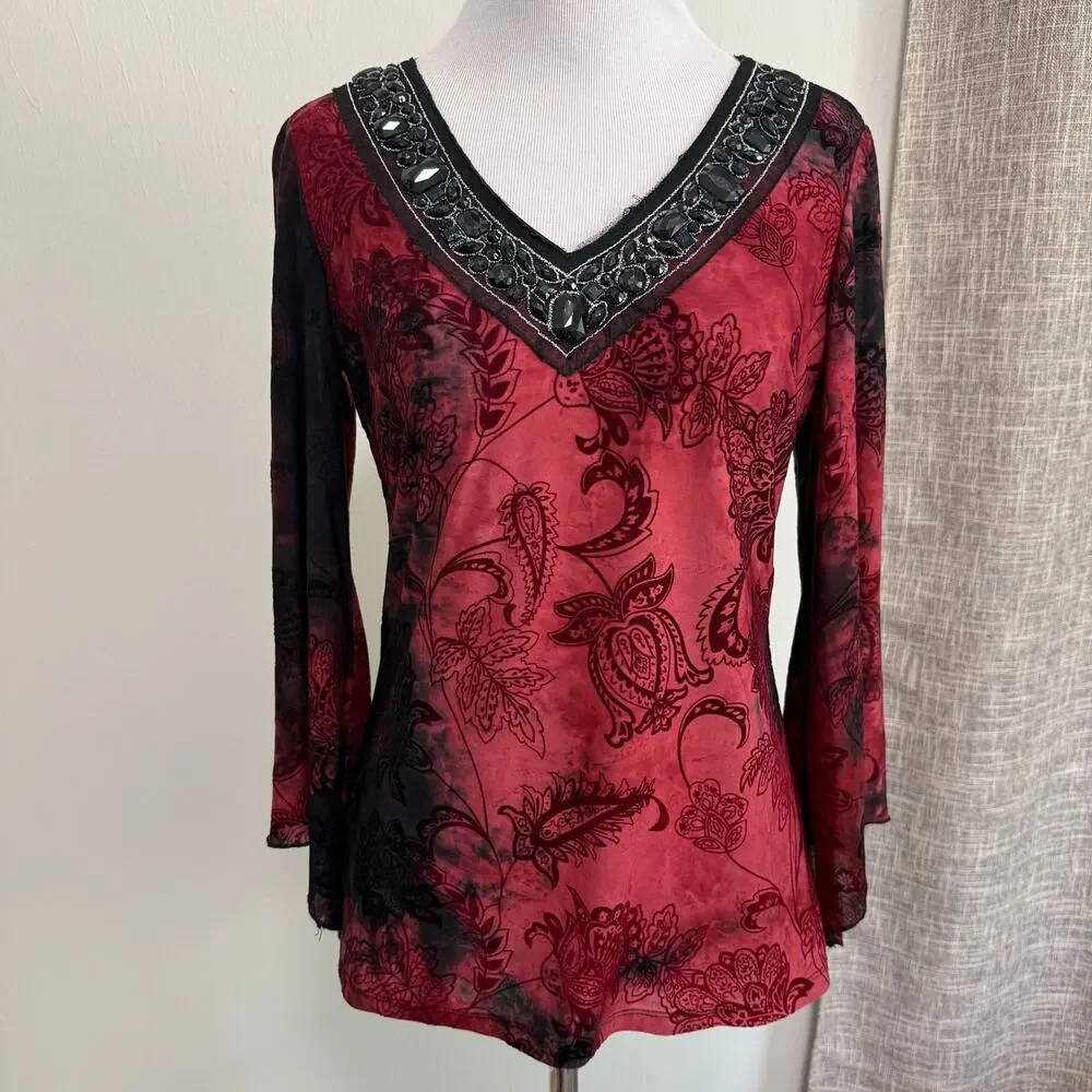 Sami & Jo Y2K Burnout Velvet Top S Red Black Fairy Grunge Flare Sleeve Beaded